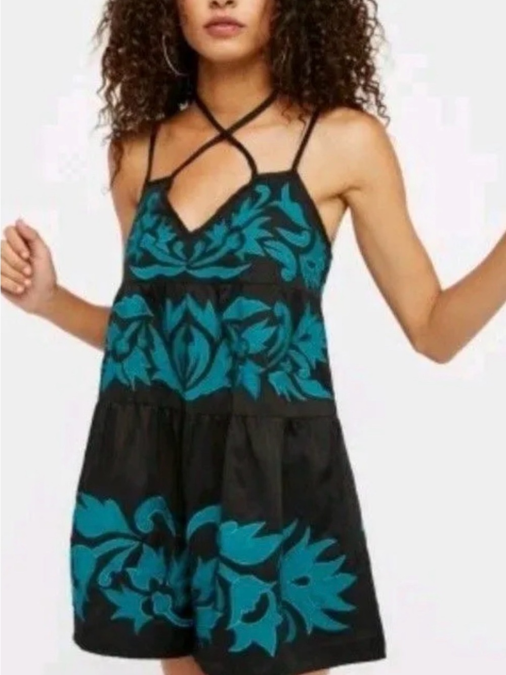 Free People Black Romper with Teal Floral Embroidery and Strappy Neckline